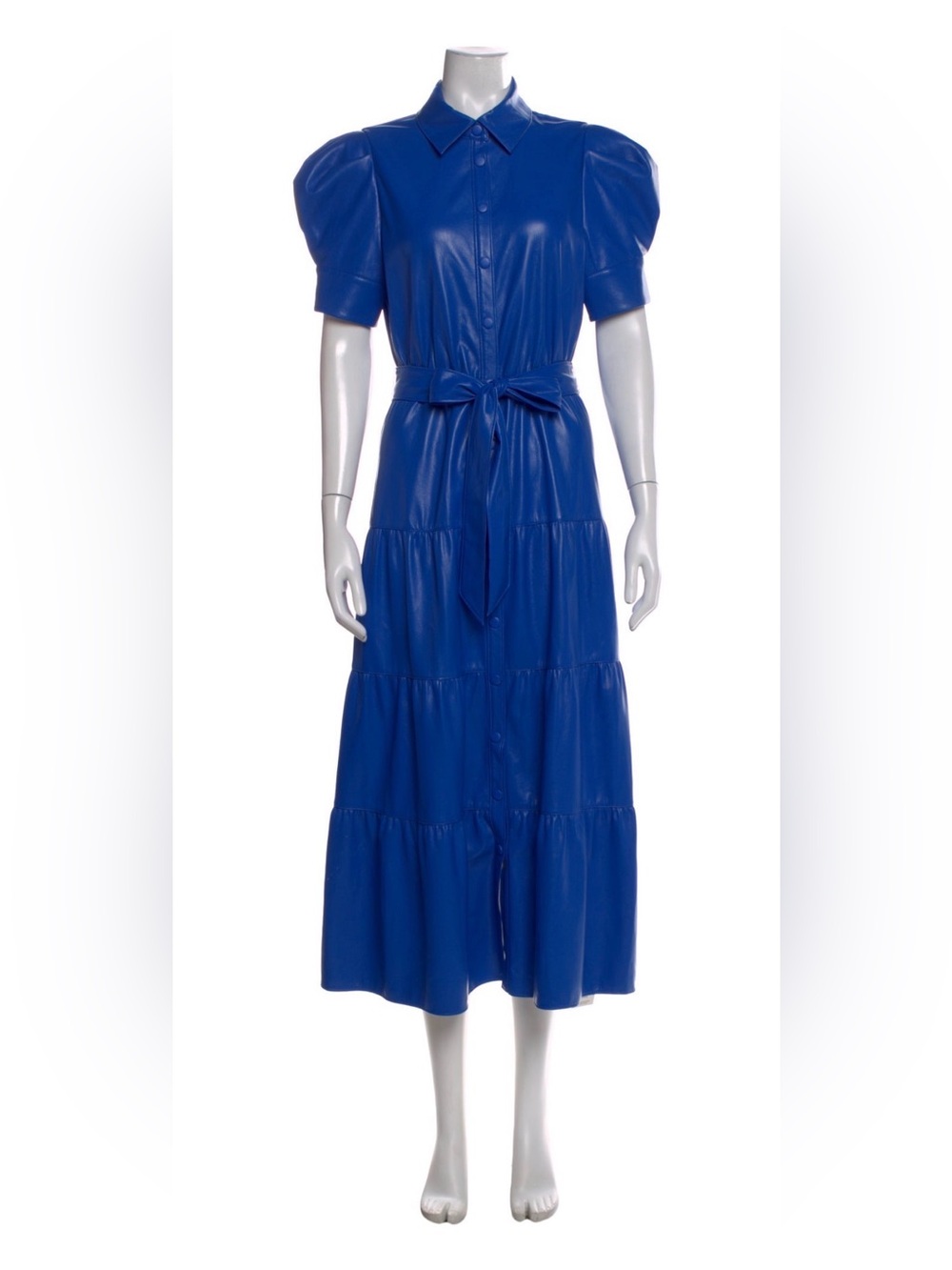 Alice + Olivia Cobalt Blue Faux-Leather Tiered Midi Dress with Tie Waist